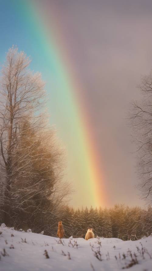 Una criatura del bosque que admira un arcoíris bohemio que se extiende por el cielo invernal.