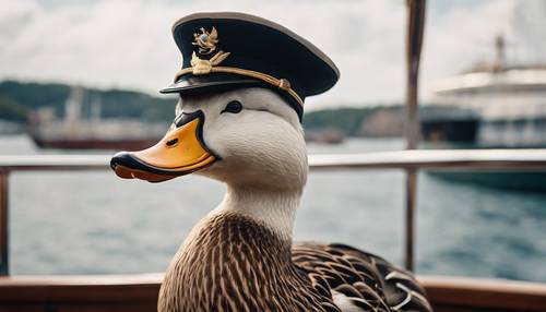 Majestatyczne zdjęcie fajnej kaczki w kapitańskim kapeluszu i patrzącej na morze ze steru statku.