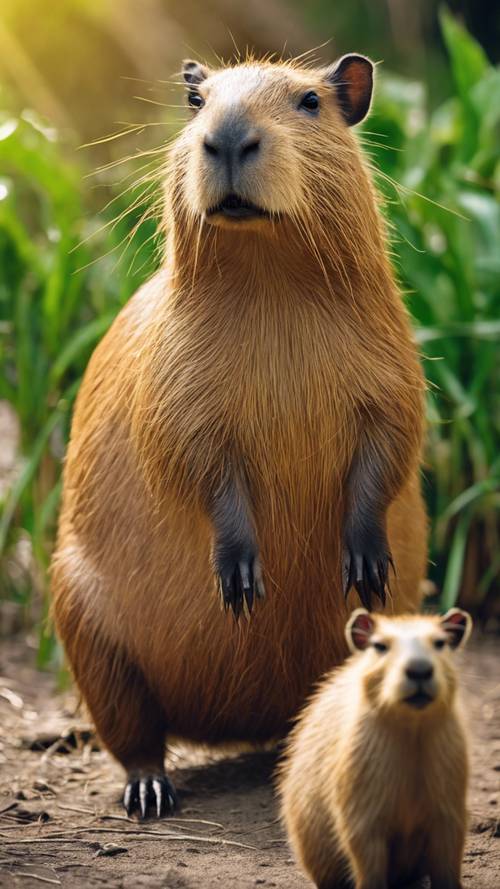 An elderly capybara surrounded by its young, radiating a sense of wisdom and serenity.
