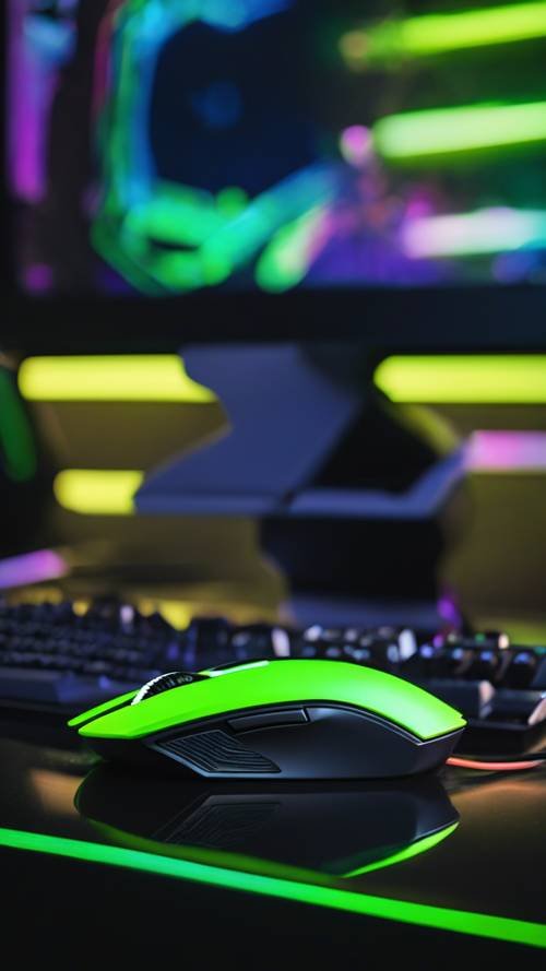 Fütüristik siyah masa düzeni üzerinde havalı neon yeşili yüksek teknolojili oyun faresi.