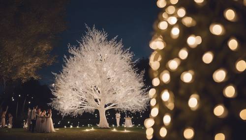 עץ לבן מעוטר באורות פיות מנצנצים בפארק שליו לחגיגת חתונה.