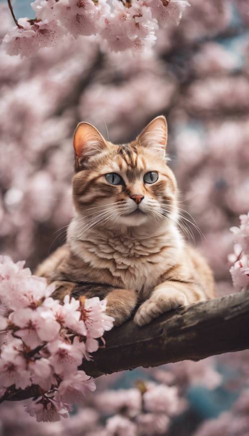 Una imagen caprichosa de un gato descansando contento bajo una lluvia de flores de cerezo.