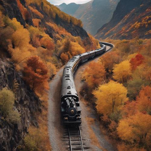 Western railway snaking through a fall-colored mountain pass.