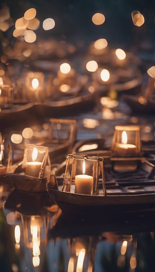 An atmospheric aesthetic scene of candle-lit New Year’s wishes on small boats floating down a river.