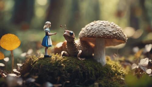 Alice coming across the Caterpillar on a mushroom and asking him for directions.