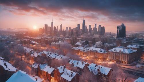 Eine Stadtskyline vor einem winterlichen Sonnenuntergang, jedes Gebäude ist in den Farben der Abenddämmerung bemalt und mit Schnee geschmückt.