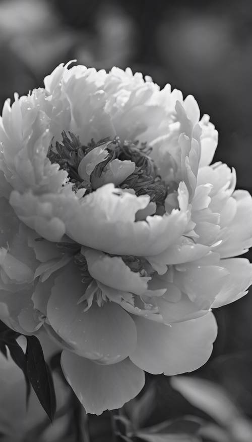 A peony in full bloom, glistening with morning dew, colored solely in shades of black and white.