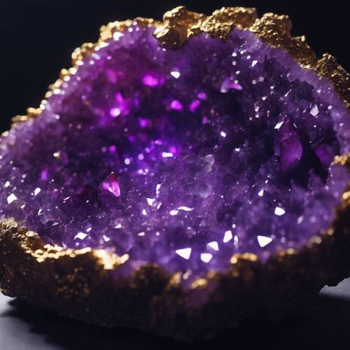 Geode kristal ungu neon berkilauan dalam gelap.