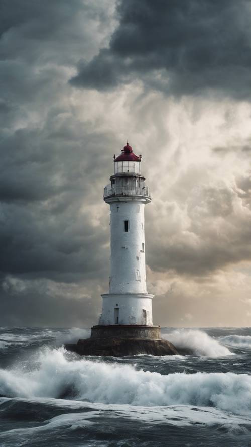 Samotna biała latarnia morska stojąca mocno na tle szalejącego morza pod niebem pełnym wirujących burzowych chmur.