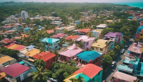 Vista aérea de una bulliciosa ciudad tropical con coloridos edificios a lo largo de la costa.