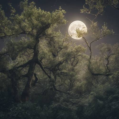 An overgrown forest bathed in the ghostly light of a gibbous moon.