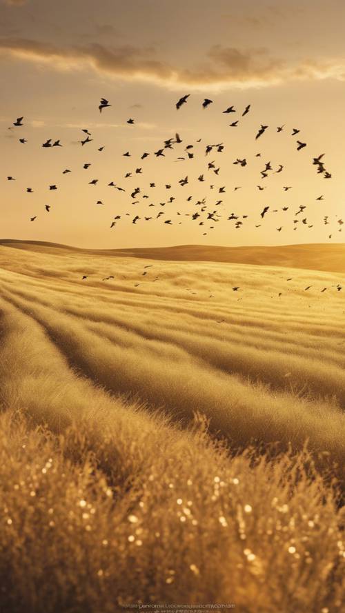 Stado ptaków lecących nad rozległą żółtą równiną o zachodzie słońca.