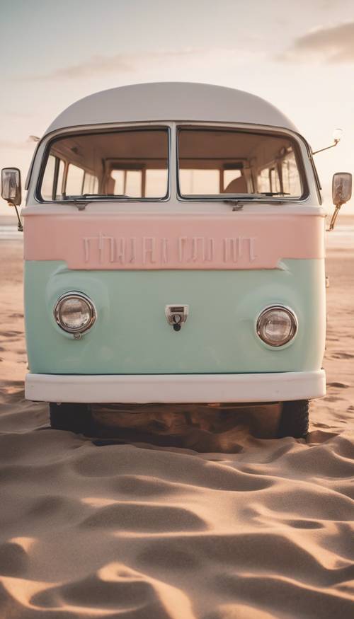 A serene beach scene featuring a pastel-colored, retro-style camper facing the sunset.