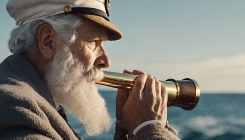 Um marinheiro antiquado, com barba branca, olhando para o oceano agitado, com um telescópio de latão na mão.