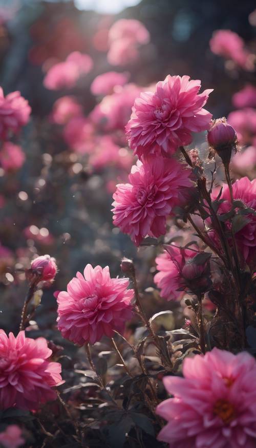 مشهد يشبه باندورا مليء بالزهور الوردية الداكنة العملاقة المتوهجة.