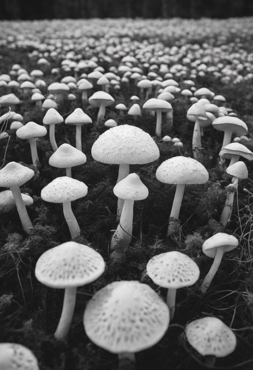 Поле монохромных грибов в стиле, напоминающем старинные ботанические иллюстрации.