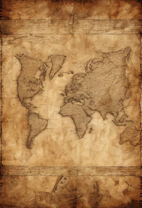 잃어버린 세계의 고대 지도가 있는 갈색 양피지.