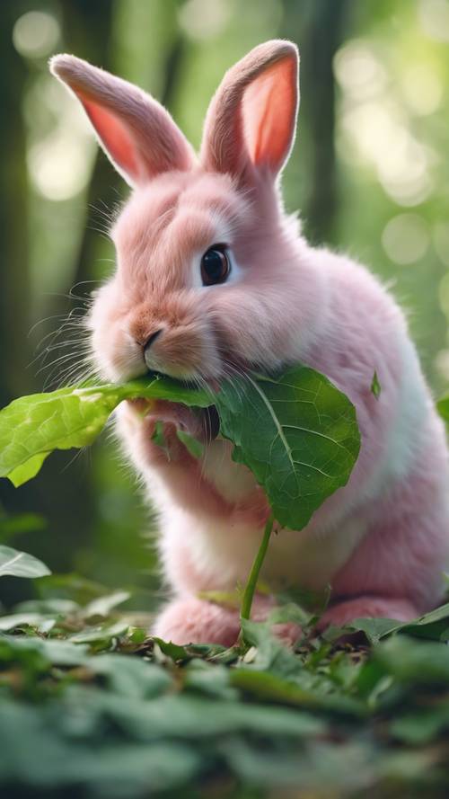 一隻毛茸茸的粉紅色兔子在寧靜的森林裡天真地吃著新鮮的綠葉。