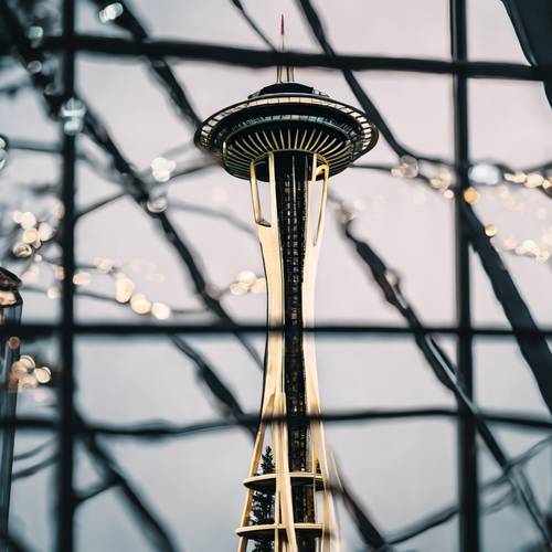 透過抽象玻璃雕塑欣賞西雅圖太空針塔的景色。