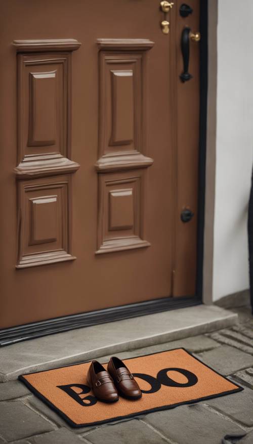 A pair of brown leather loafers stepping onto a doormat that reads 'Boo!', indicating the entrance of a preppy house decorated for Halloween.