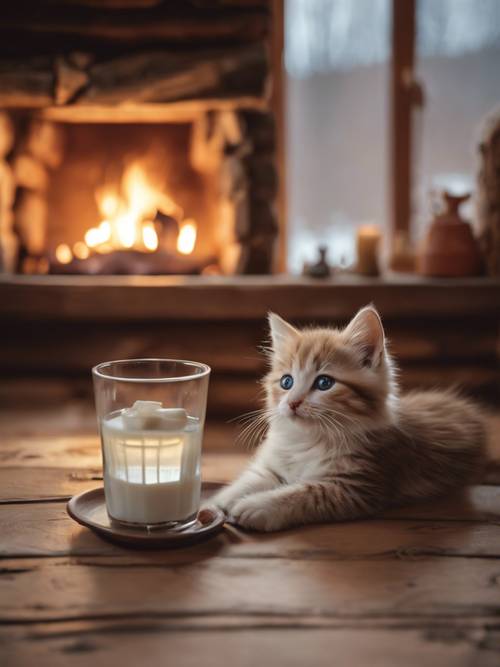 لقطة شاشة تظهر قطة صغيرة مبهجة تستمتع بكأس من الحليب بجانب مدفأة دافئة في كوخ خشبي مريح.