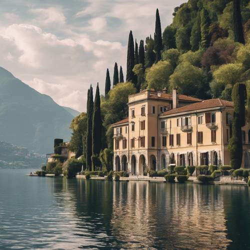 Um cenário sereno à beira do lago de Como, com uma grande villa italiana ao fundo.