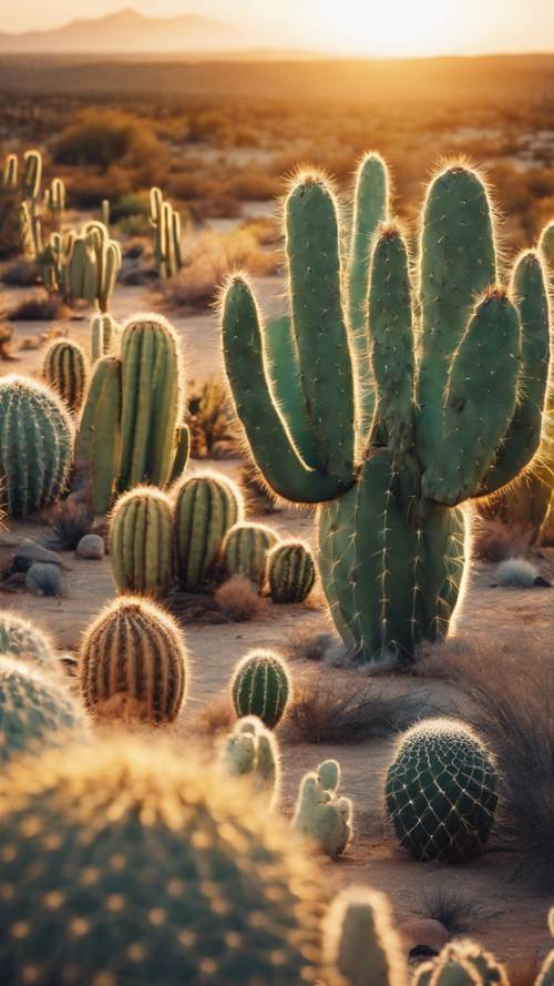 Bellissimo giardino di cactus con diverse specie contro un tramonto dorato nel deserto.