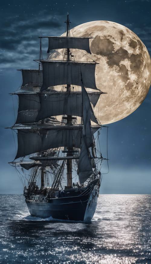 A navy blue ship sailing on a silvered sea under a full moon.