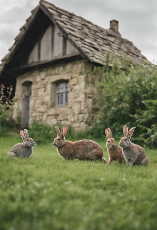 A group of wild rabbits frolicking outside a stone cottage in a lush green field.