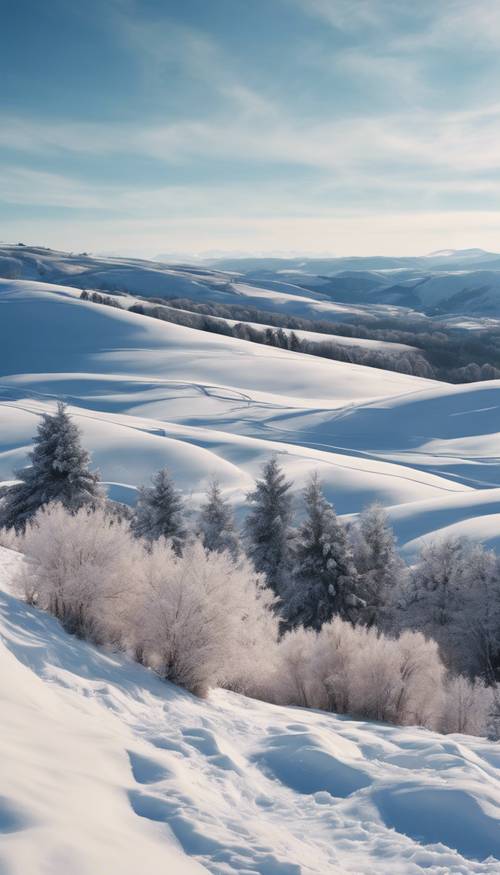 A peaceful winter landscape with snow-covered hills beneath a pristine blue sky.