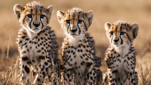 A group of cheetah cubs playing in an open field, their unique black tear stripes visible.