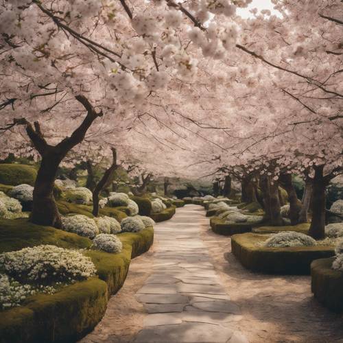 古老寧靜的日本花園中鋪滿奶油色櫻花的小路。