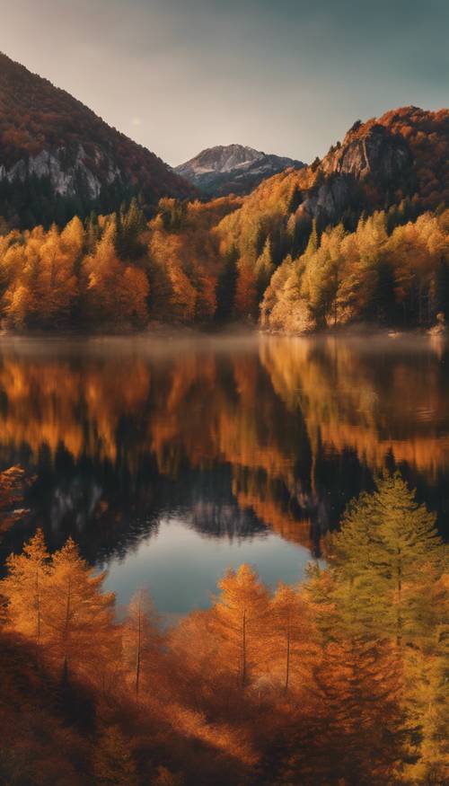 A mountain landscape immersed in the golden hue of an autumnal sunset. Dense forests of pine and oak, their leaves ablaze with the changing season, encasing a calm lake reflecting the mountains and sky.