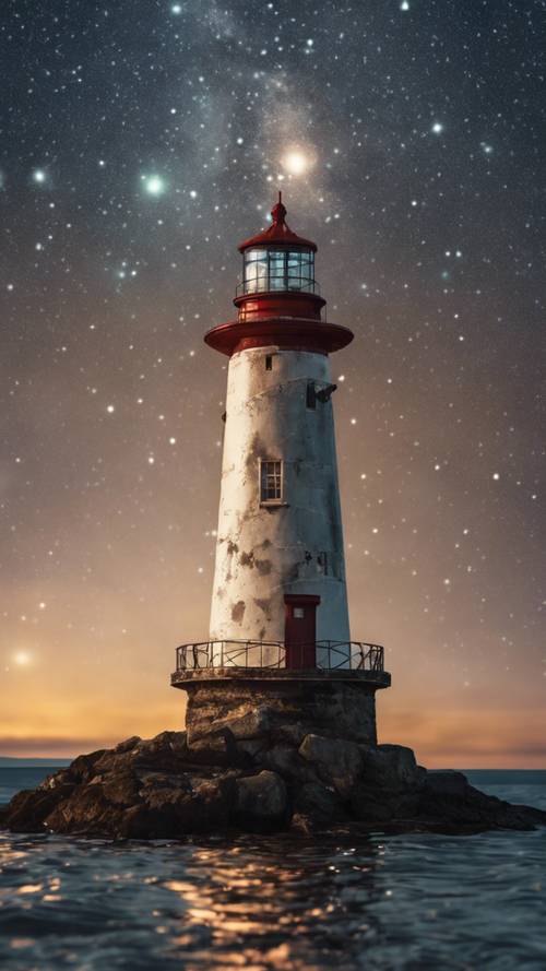 星空の夜に輝く古い灯台が船を導く