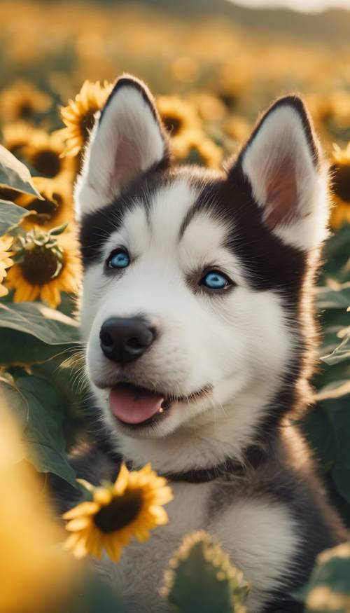 A close-up image of an adorable Siberian Husky puppy with a mischievous smile, sitting in a sunflower field during a bright, spring afternoon.
