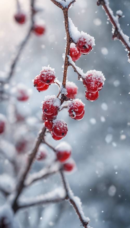 Winterbeeren klammern sich an einen bereiften Zweig und sorgen inmitten der Schneemassen für eine reiche Ernte.