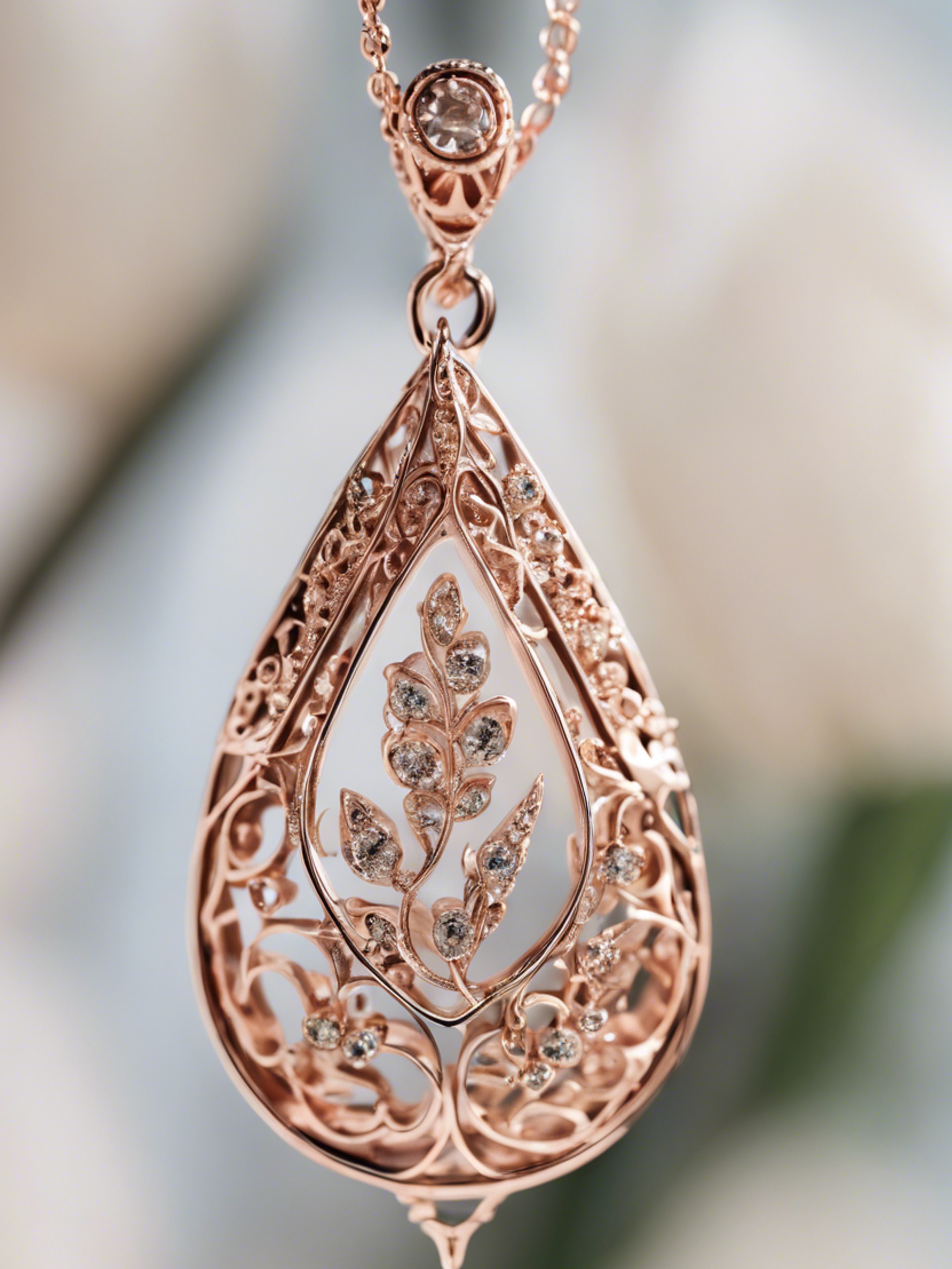 A close-up of a rose gold teardrop-shaped pendant with an intricate, floral design.壁紙[94a65aa8484349f1bf09]