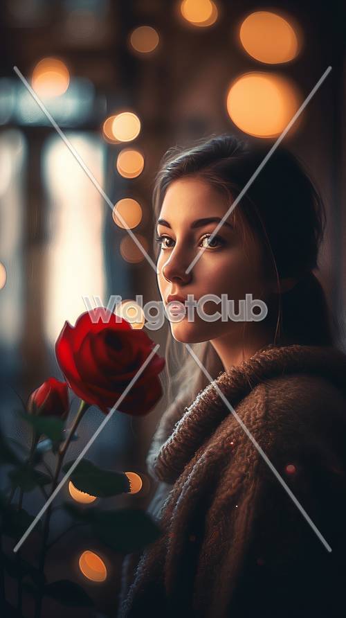 Red Rose and a Dreamy Girl: A Magical Moment Background