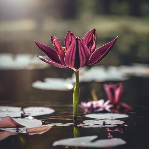 A burgundy lily floating serenely on a tranquil pond.