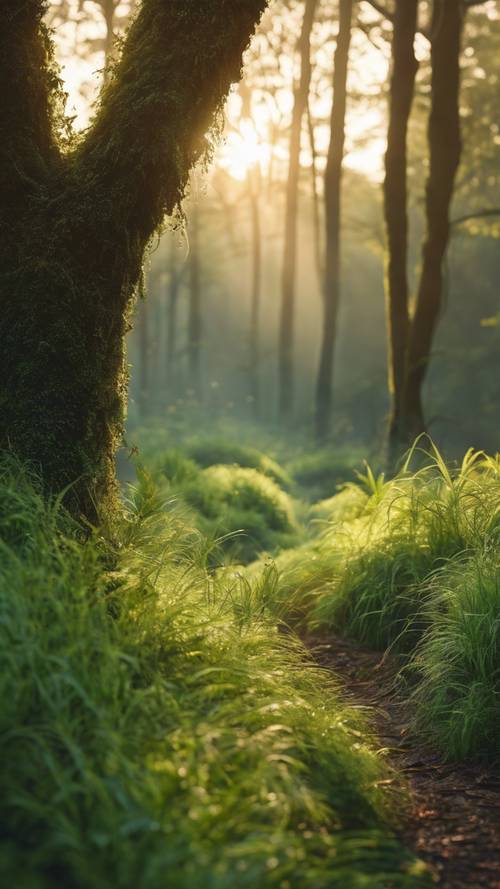 Ранний утренний рассвет над пышным, покрытым росой лесом.