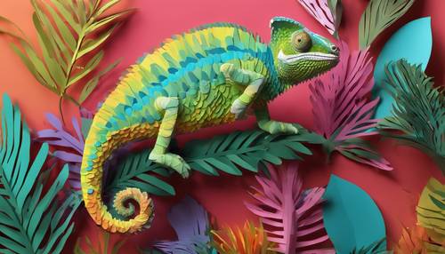 A 3D paper chameleon with multicolored, layered scales showing a vibrant tropical background. Wallpaper [9a54a6049bd04a839a18]