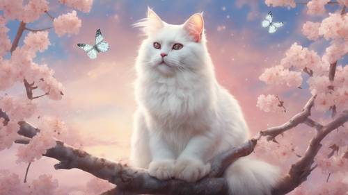 Uma pintura surreal de um gato branco com majestosas asas de borboleta, empoleirado em um galho de flor de cerejeira, contra um céu pastel onírico.