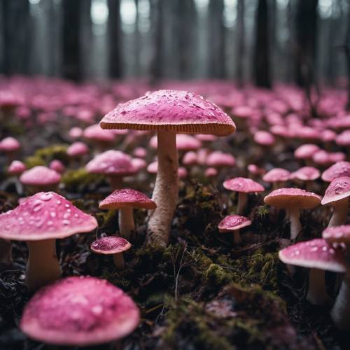 Khung cảnh một khu rừng nơi những cây nấm màu hồng rải rác ngẫu nhiên trên mặt đất ẩm ướt, tối tăm.
