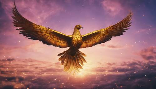 A golden phoenix in flight set against a twilight sky, encircled by a dazzling, multi-chromatic aura.