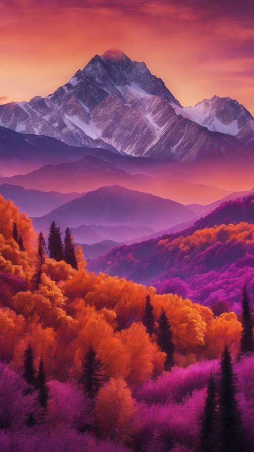 سلسلة جبال شاهقة أثناء غروب الشمس، مغمورة باللون البرتقالي والبنفسجي النابض بالحياة.