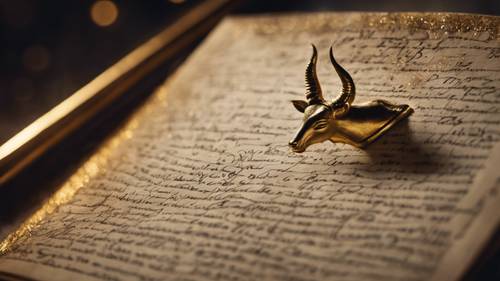 A Capricorn illuminated in an old handwritten manuscript with golden ink.