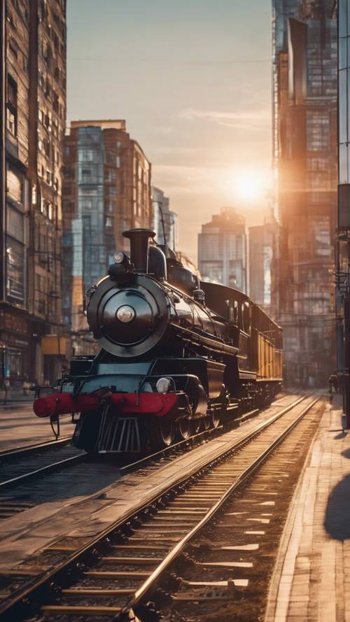 一列老式蒸汽火车在未来城市的夕阳下驶过气垫轨道。