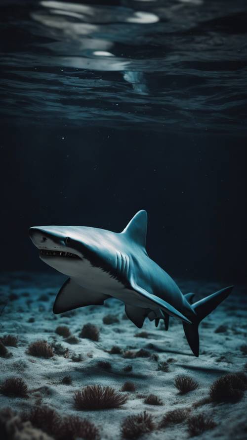 一条深海鲨鱼在漆黑的海洋深处静静地滑行。