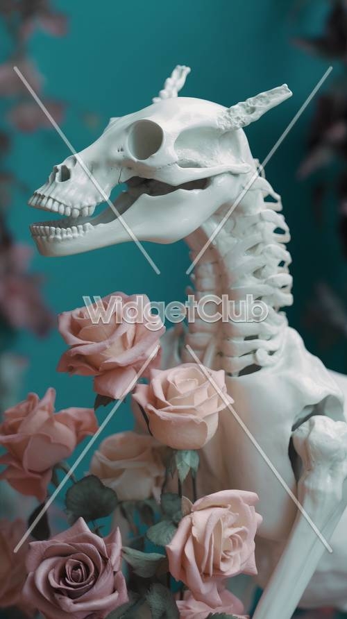 Dinosaur Skeleton and Roses: A Unique and Artistic Design Tapeta[09ed40c704af4821b1c7]
