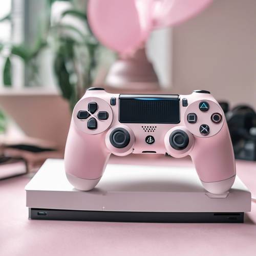 Sebuah prinnye elegan dari konsol PlayStation 4 kustom berwarna pink pastel dan putih.